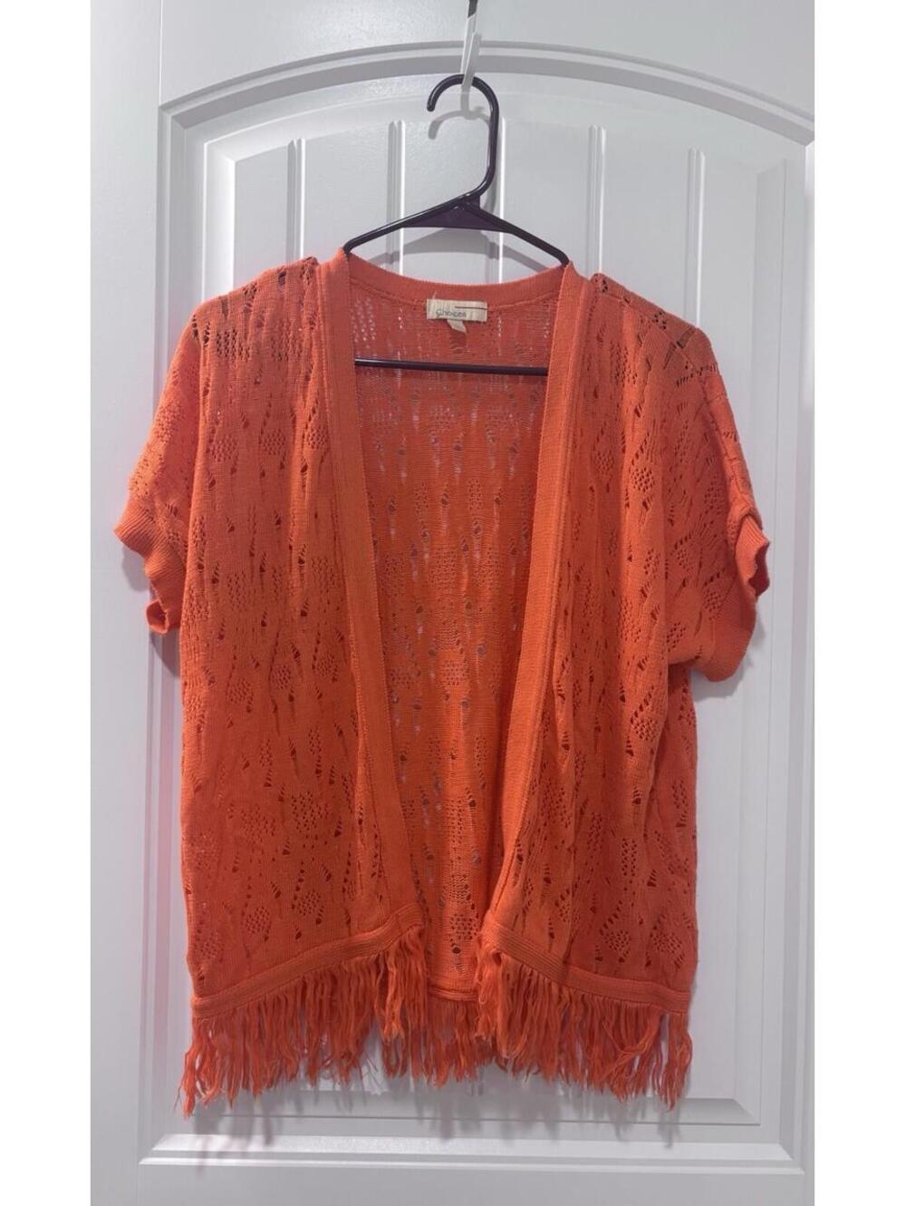 Choices Women’s Orange Short Sleeve Cardigan Boho Artsy Size Large Crochet